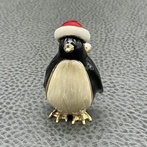 Monet Penguin Trinket Box Black Enamel Gold Tone Santa Hat Jewelry Keepsake